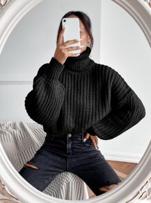 SHEIN LUNE Rolled Neck Drop Shoulder Jumper - Black - View 3