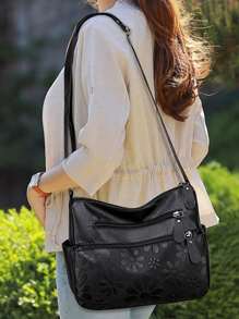 素色花卉圖案斜挎包 - 黑色 - 查看 1