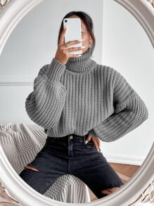 SHEIN Essnce Rolled Neck Drop Shoulder Jumper - Grey - View 3