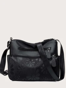素色花卉圖案斜挎包 - 黑色 - 查看 2