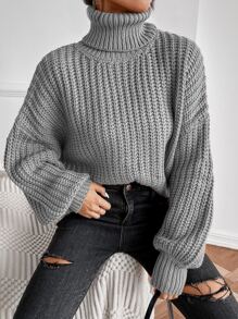 SHEIN Essnce Rolled Neck Drop Shoulder Jumper - Grey - View 4