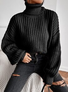 SHEIN LUNE Rolled Neck Drop Shoulder Jumper - Black - View 4