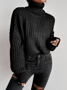 SHEIN LUNE Rolled Neck Drop Shoulder Jumper - Black - View 5