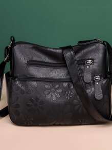 素色花卉圖案斜挎包 - 黑色 - 查看 4