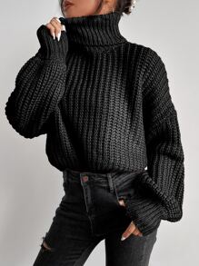 SHEIN LUNE Rolled Neck Drop Shoulder Jumper - Black - View 6