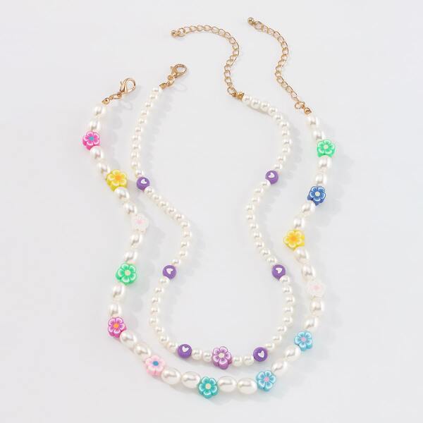 

2pcs Faux Pearl Beaded Necklace, Multicolor