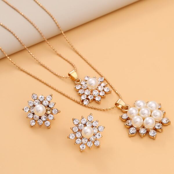 

3pcs Faux Pearl Pendant Jewelry Set, Gold
