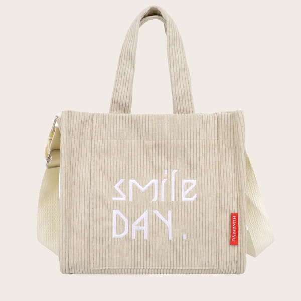 

Corduroy Letter Graphic Square Bag, Beige