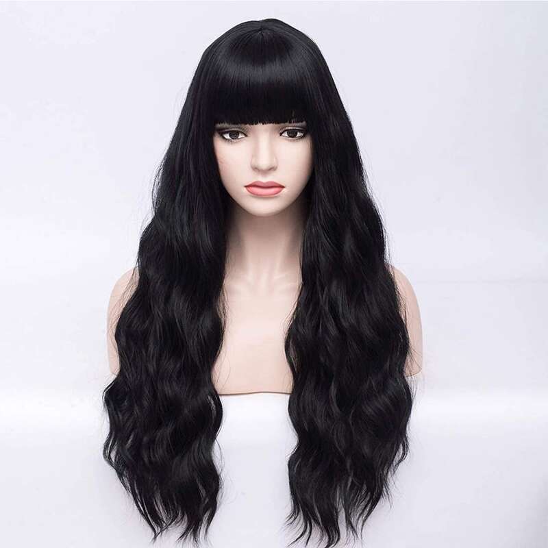 

Natural Long Curly Wig With Bangs, Black