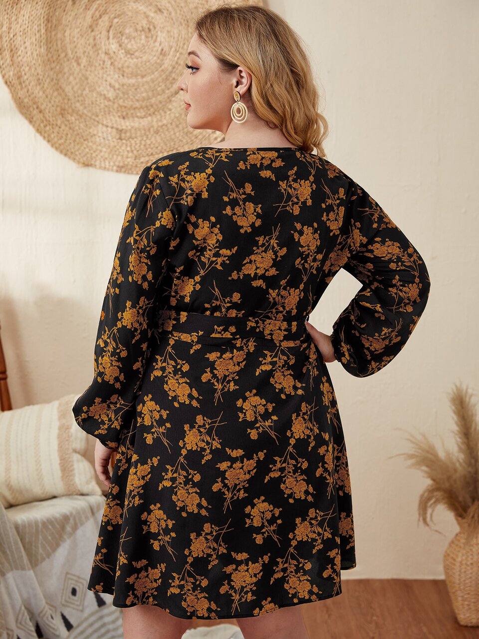 Plus Floral Print Surplice V Neck Knot Front Dress