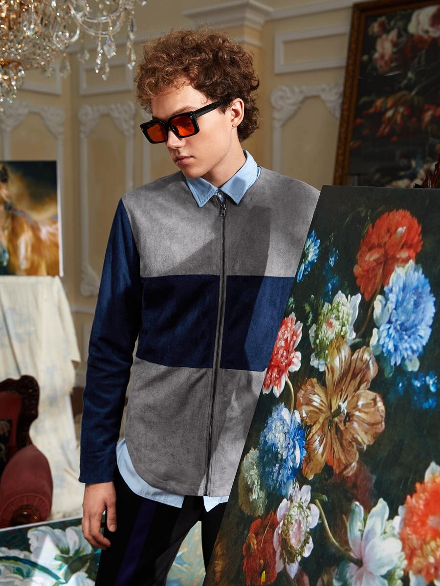 GIISE 男士雙色拉鍊麂皮襯衫 - 彩色 - 查看 1