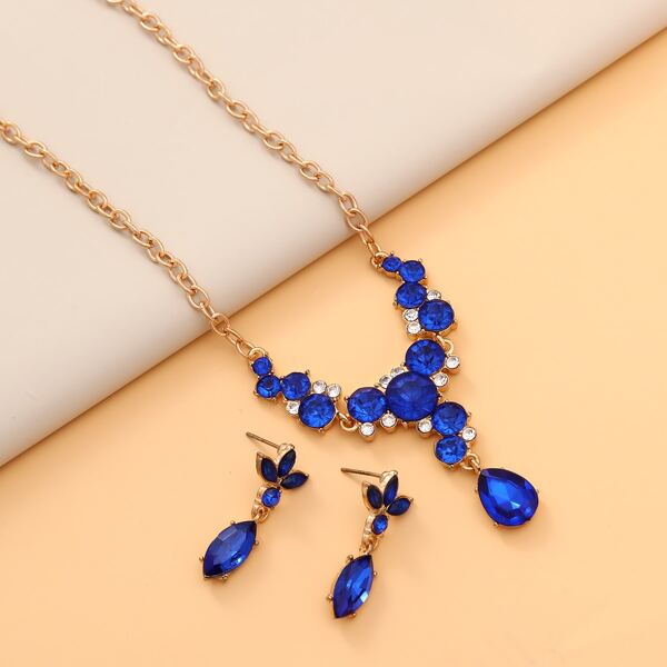 

Rhinestone Decor Drop Earrings & Necklace, Blue