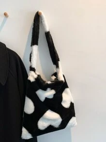 Túi đeo vai mềm mại, mềm mại, sang trọng, hình trái tim mềm mại dành cho nữ, phụ nữ, sinh viên đại học, tân binh và nhân viên văn phòng Đi làm, văn phòng, đi làm, cho mùa thu đông, mùa đông ấm áp, ngoài trời - Đen và trắng - Xem 2