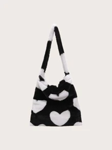 Túi đeo vai mềm mại, mềm mại, sang trọng, hình trái tim mềm mại dành cho nữ, phụ nữ, sinh viên đại học, tân binh và nhân viên văn phòng Đi làm, văn phòng, đi làm, cho mùa thu đông, mùa đông ấm áp, ngoài trời - Đen và trắng - Xem 3