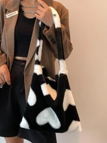 Túi đeo vai mềm mại, mềm mại, sang trọng, hình trái tim mềm mại dành cho nữ, phụ nữ, sinh viên đại học, tân binh và nhân viên văn phòng Đi làm, văn phòng, đi làm, cho mùa thu đông, mùa đông ấm áp, ngoài trời - Đen và trắng - Xem 6