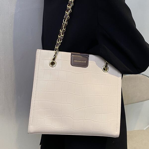 

Stone Embossed Chain Tote Bag, White