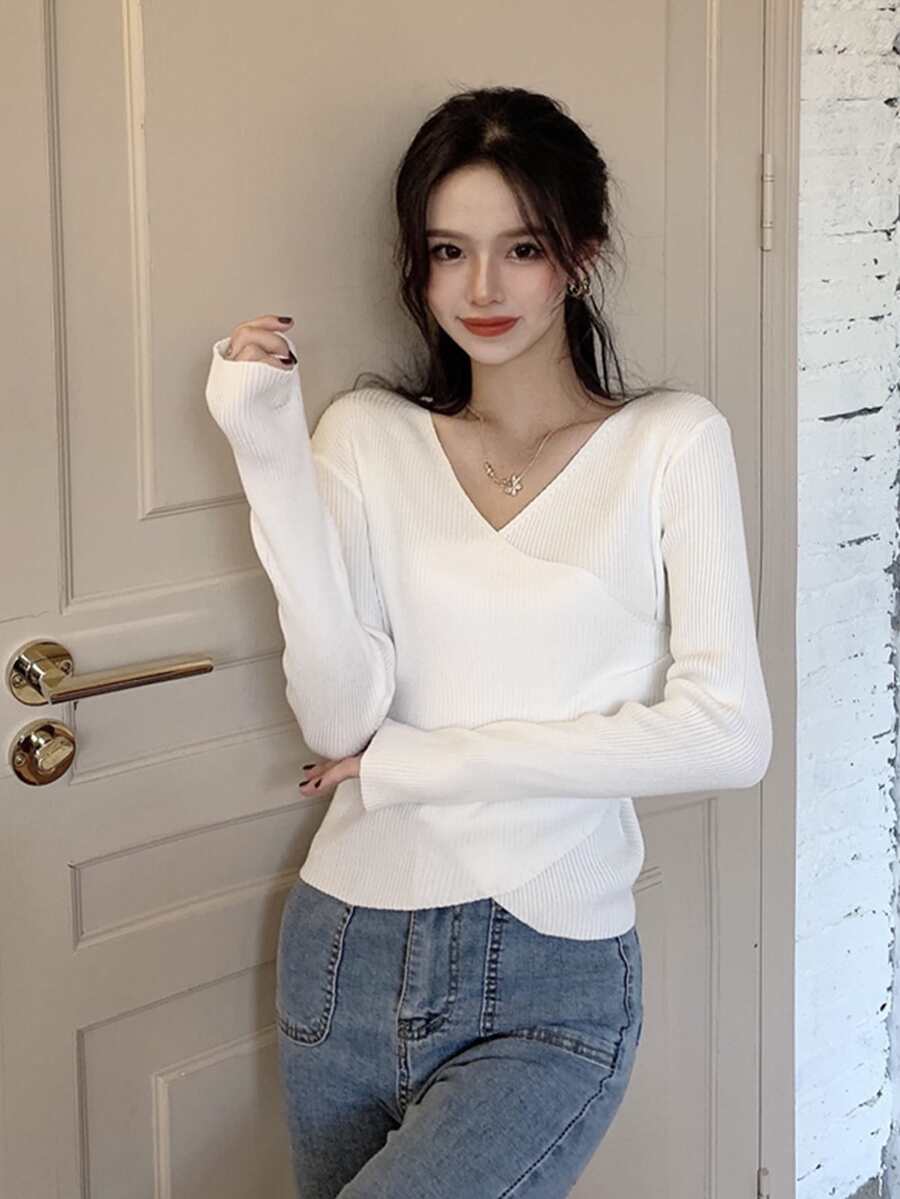 Pull unicolore à ruché - Blanc - Voir 1