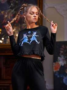 Loputyn con estampado de dibujos animados bajo con fruncido Top & Pantalones - Negro - Ver 3