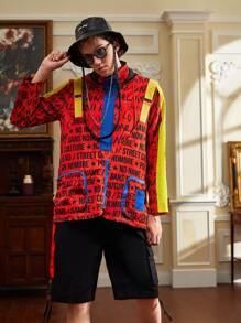 NO NAME Men Letter Graphic Colour Block Strap Detail Zip Pocket Utility Jacket - Burgundy - View 1