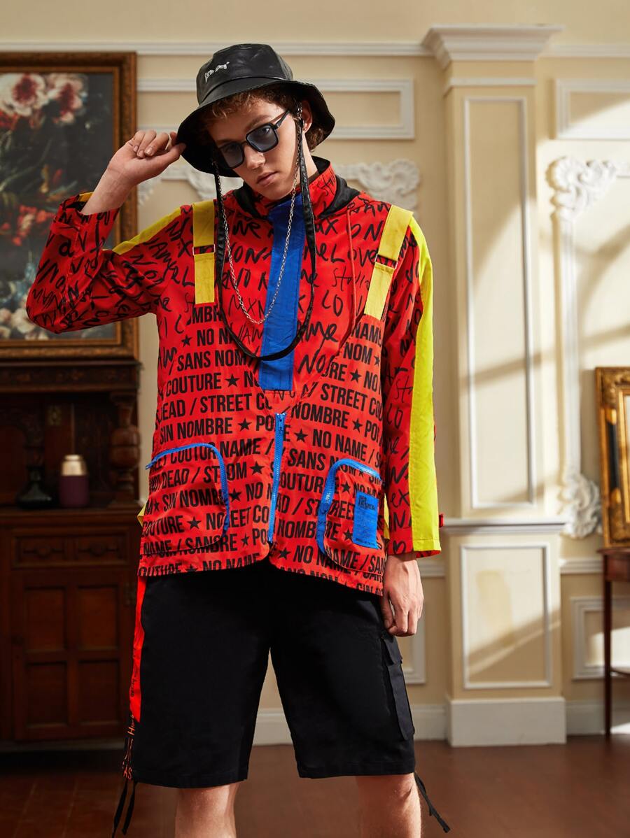 NO NAME Men Letter Graphic Colour Block Strap Detail Zip Pocket Utility Jacket - Burgundy - View 1