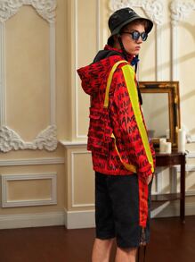 NO NAME Men Letter Graphic Colour Block Strap Detail Zip Pocket Utility Jacket - Burgundy - View 2