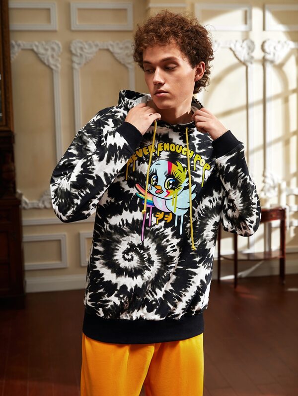 NO NAME Hombres Capucha pájaro de dibujos animados & con estampado de letra de tie dye de hombros caídos con cordón
