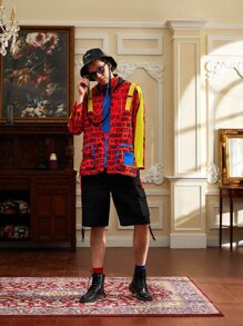 NO NAME Men Letter Graphic Colour Block Strap Detail Zip Pocket Utility Jacket - Burgundy - View 5