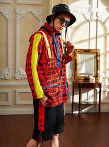 NO NAME Men Letter Graphic Colour Block Strap Detail Zip Pocket Utility Jacket - Burgundy - View 6