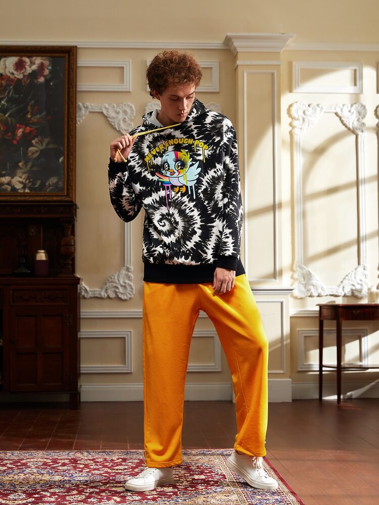 NO NAME Hombres Capucha pájaro de dibujos animados & con estampado de letra de tie dye de hombros caídos con cordón - Blanco y Negro - Añade 5