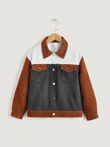 Girls Colour Block Flap Pocket Corduroy Jacket - Multicolor - View 1