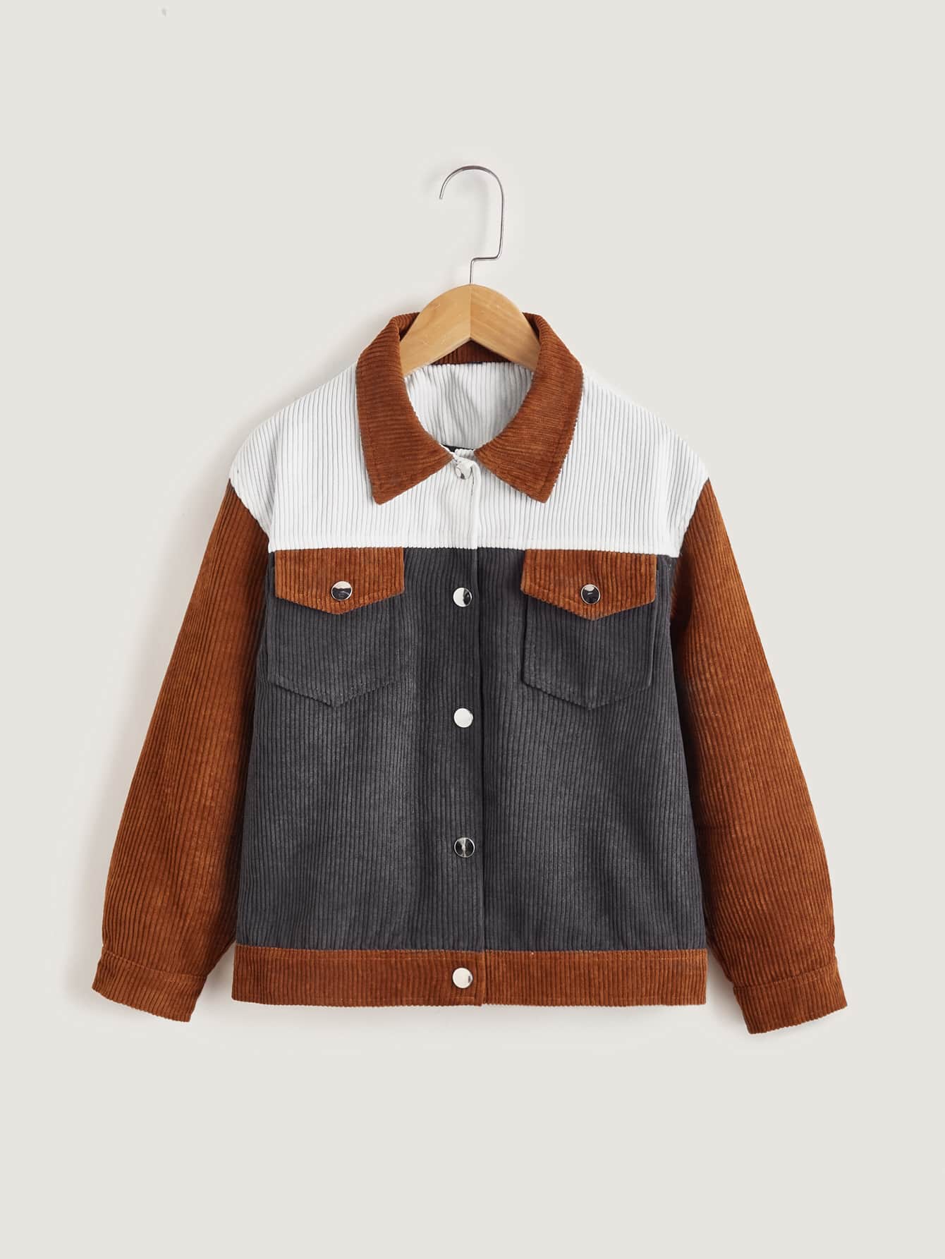 Girls Colour Block Flap Pocket Corduroy Jacket - Multicolor - View 1