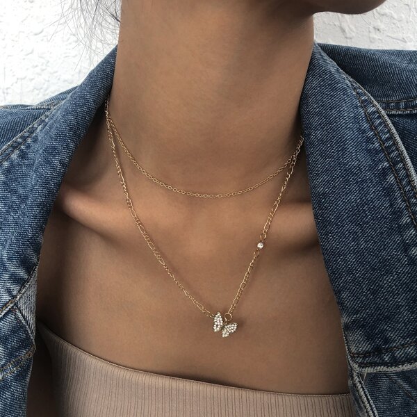 

2pcs Rhinestone Butterfly Charm Necklace, Gold