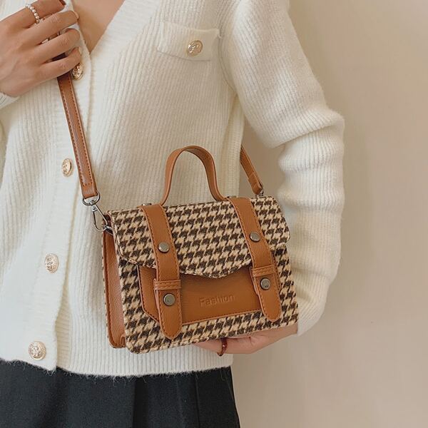 

Houndstooth Pattern Flap Square Bag, Multicolor