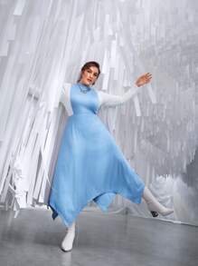 Modelyn Plus Colourblock Mock Neck Hanky Hem Dress - Blue and White - View 3