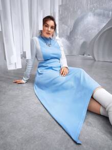 Modelyn Plus Colourblock Mock Neck Hanky Hem Dress - Blue and White - View 5