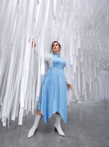 Modelyn Plus Colourblock Mock Neck Hanky Hem Dress - Blue and White - View 1