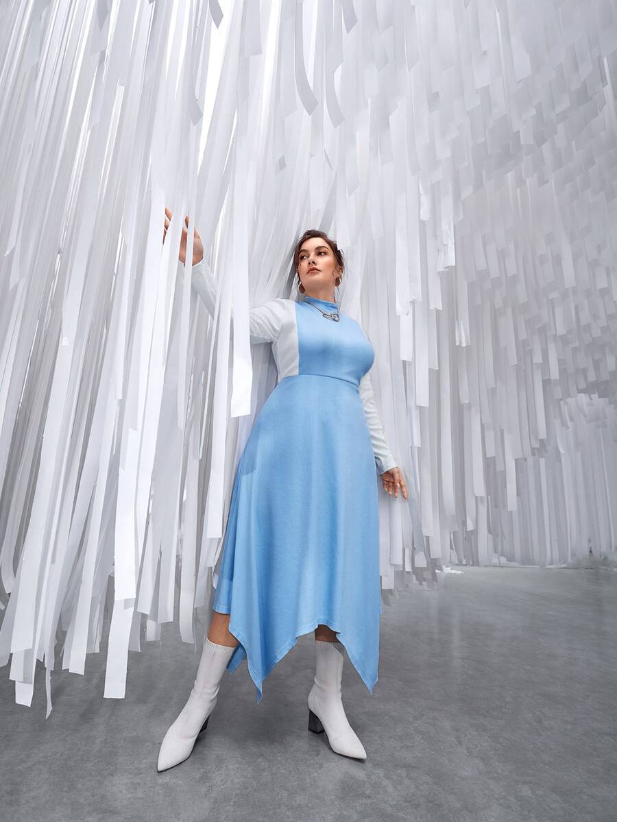 Modelyn Plus Colourblock Mock Neck Hanky Hem Dress - Blue and White - View 1