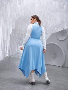 Modelyn Plus Colourblock Mock Neck Hanky Hem Dress - Blue and White - View 7