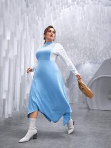 Modelyn Plus Colourblock Mock Neck Hanky Hem Dress - Blue and White - View 8