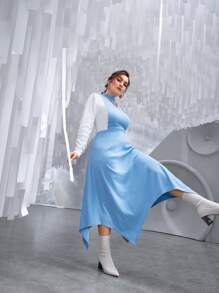 Modelyn Plus Colourblock Mock Neck Hanky Hem Dress - Blue and White - View 2