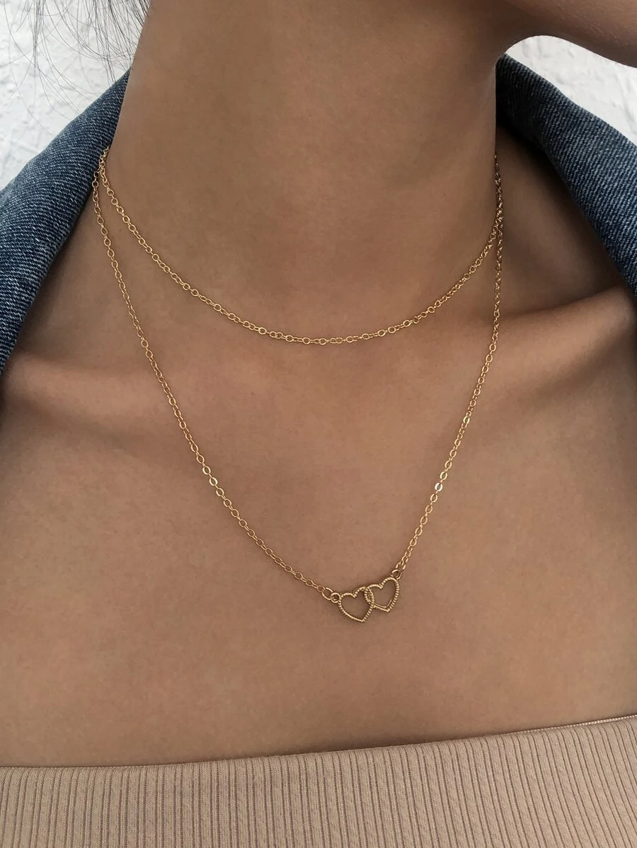 2pcs Heart Charm Necklace - Yellow Gold - View 1