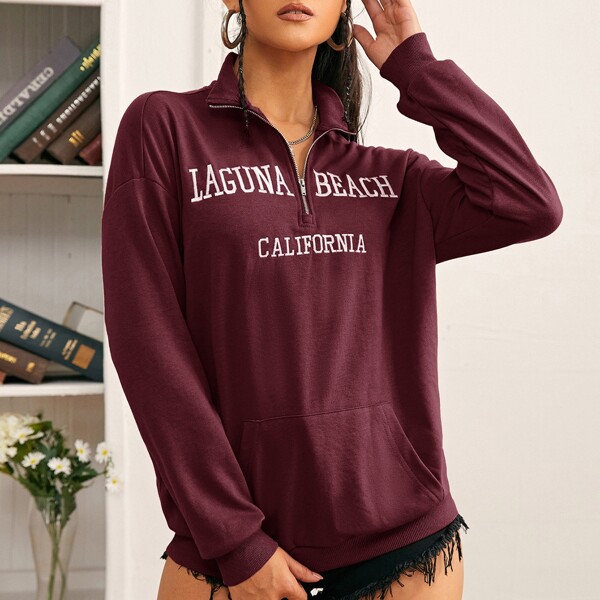 

Letter Embroidery Half Zip Drop Shoulder Sweatshirt, Maroon