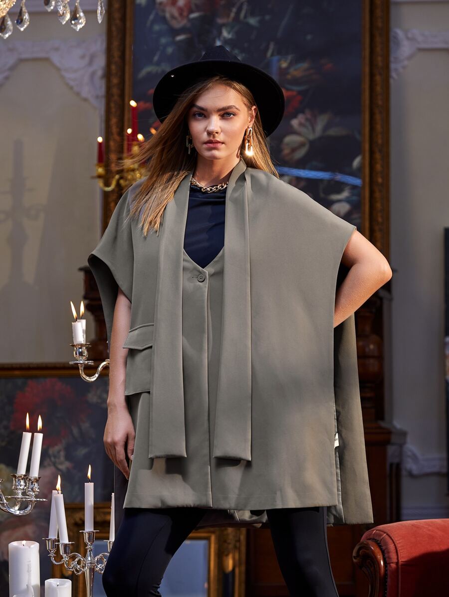 ARKATHA Flap Pocket Single Button Cape Coat - Grey - View 1
