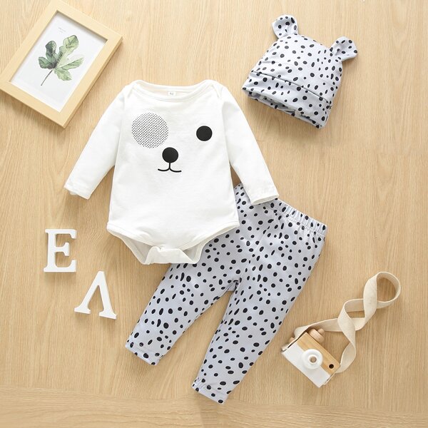 

Baby Polka Dot Cartoon Graphic Bodysuit & Dalmatian Print Pants & Hat, Multicolor