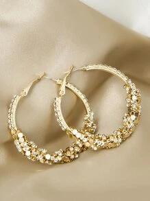 Rhinestone Decor Hoop Earrings - Yellow Gold - View 1
