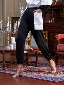 ARKATHA Elastic Waist Contrast Panel Dual Pocket Joggers - Black - View 4