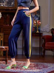 Elicat Slant Pocket Contrast Side Seam Joggers - Navy Blue - View 1