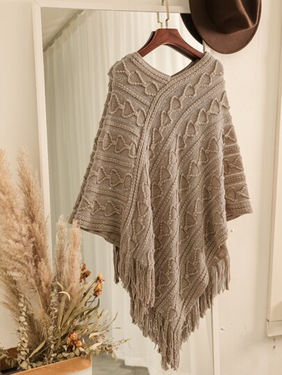 Heart Pattern Fringe Hem Knit Poncho