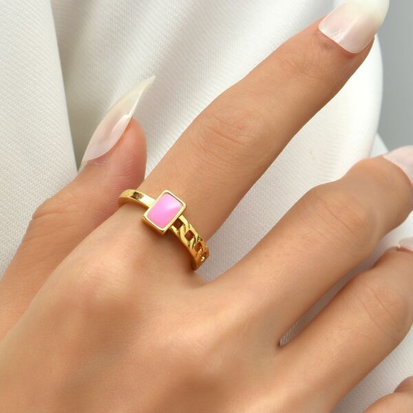 

18K Gold Plated Geometric Decor Ring, Pink
