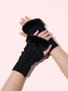 Đôi Găng Tay Dệt Kim Ấm Áp Có Viền Và Nửa Ngón Cho Nữ, Thích Hợp Cho Mùa Thu/Đông, Dự Tiệc/Mặc Hàng Ngày - màu đen - Xem 1